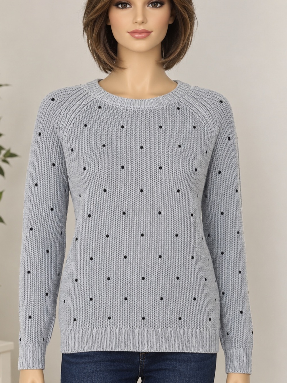 Talbots Light Gray Crewneck Sweater with Black Dots